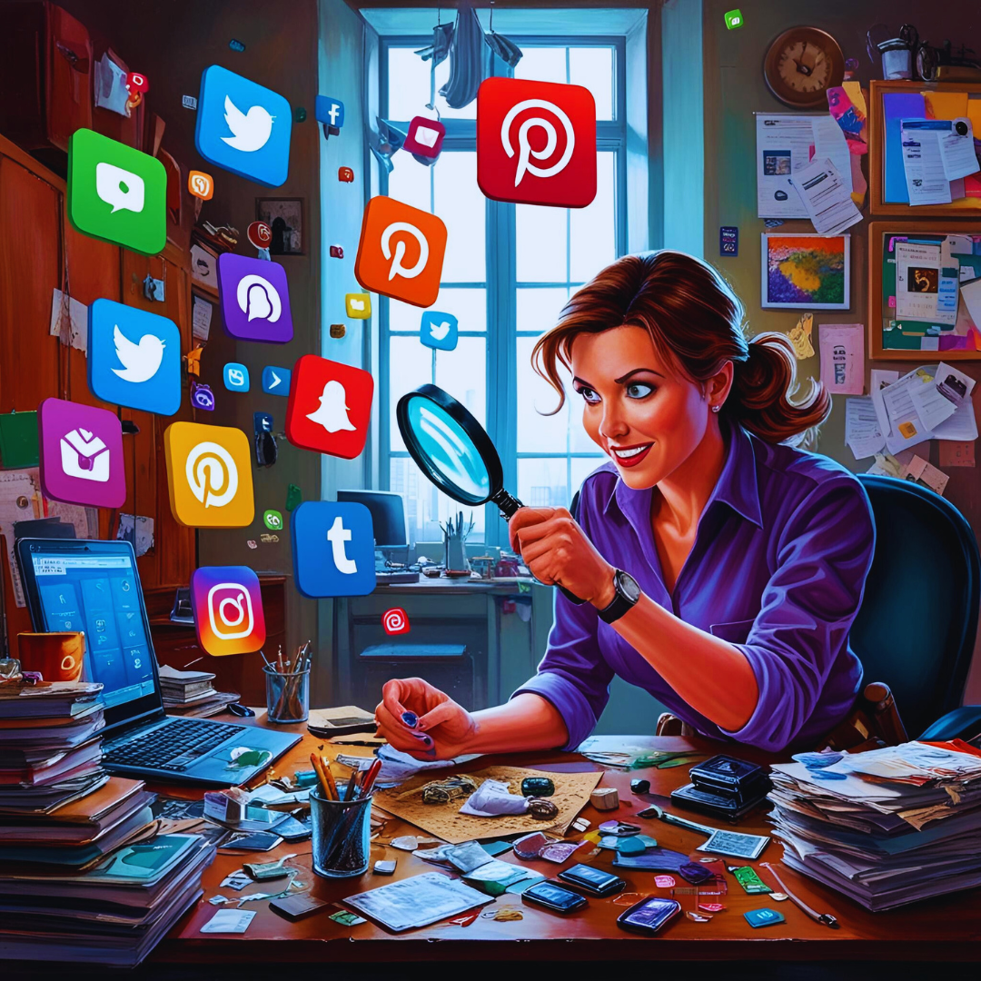 A woman examining social media icons with a magnifying glass in a cluttered office setting, symbolizing the investigation of consumer behavior.
