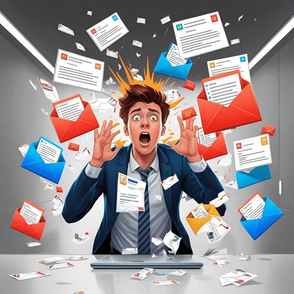 A shocked businessman surrounded by flying envelopes and emails, conveying a sense of overwhelming communication and information overload.