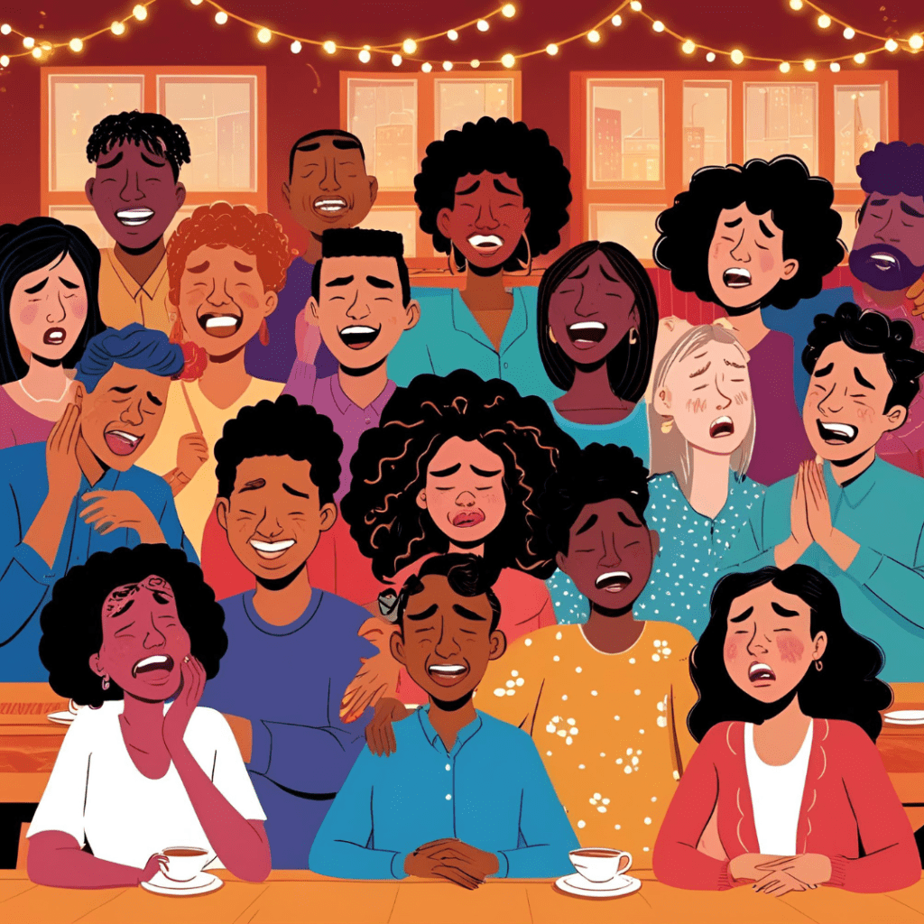A diverse group of people with joyful expressions singing together in a cozy, warmly lit setting, capturing a moment of shared happiness and connection.
