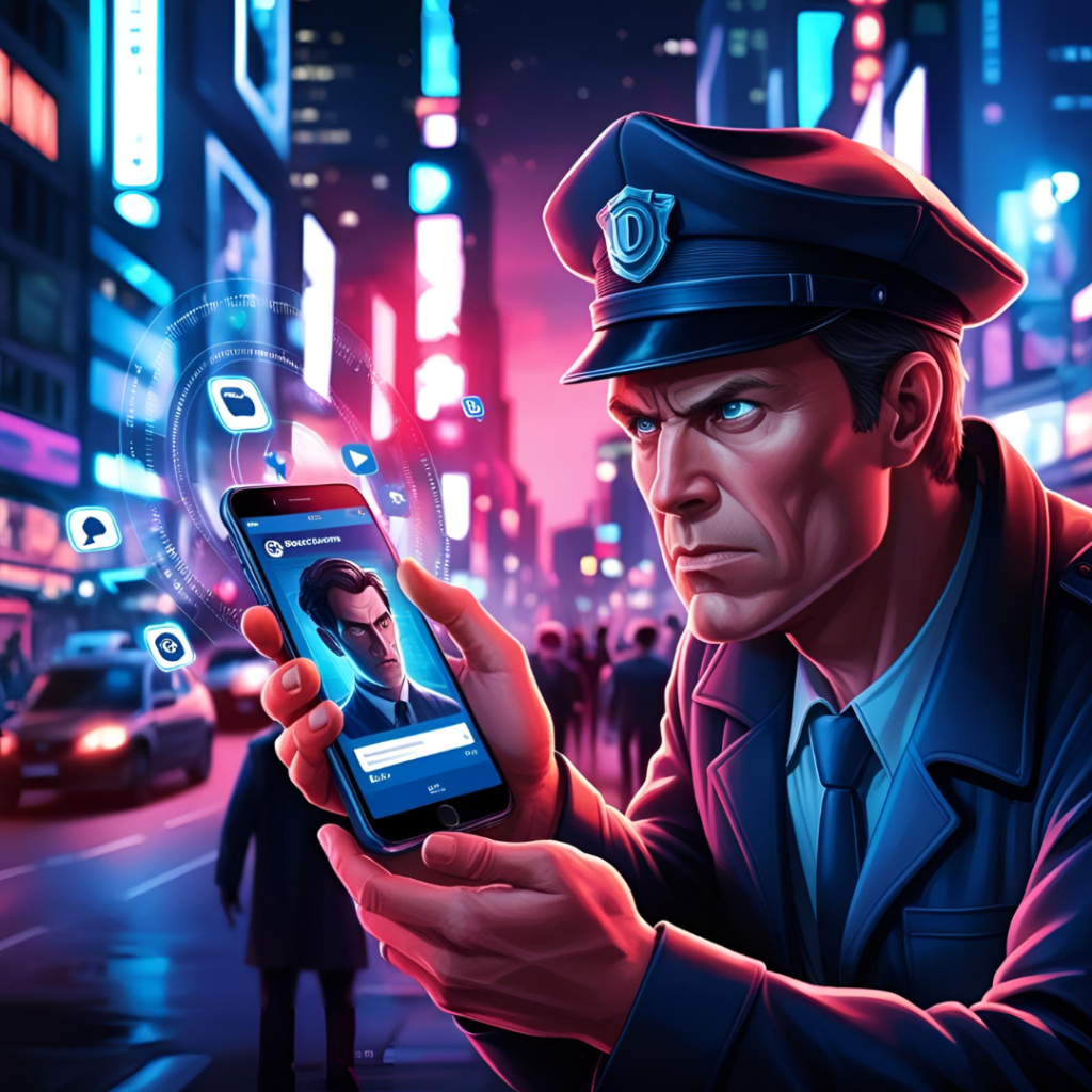 A detective in a city setting, holding a smartphone displaying a man's face, surrounded by digital icons and colorful neon lights.